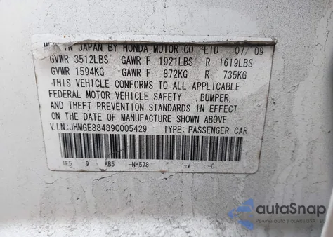 2009 Honda Fit Sport from USA, damaged, VIN JHMGE88489C005429